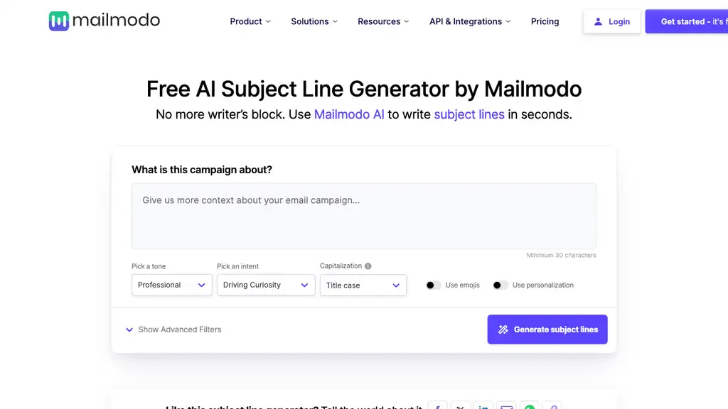 Mailmodo AI Subject Line Generator